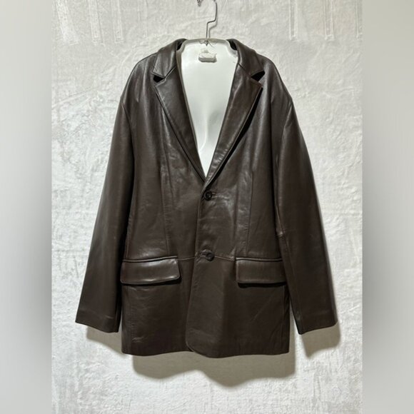 Kenneth Cole New York 100% Leather size Large brown two button blazer overcoat - Picture 1 of 16